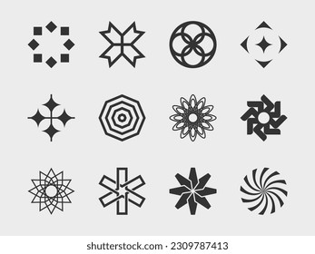 abstract collection 1 graphic geometric symbols and objects in y2k style. Templates for notes, posters, banners, stickers, business cards, logo.