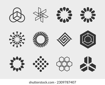 abstract collection 11 graphic geometric symbols and objects in y2k style. Templates for notes, posters, banners, stickers, business cards, logo.