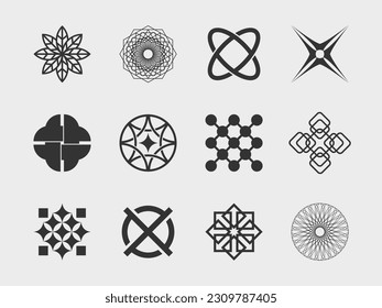 abstract collection 4 graphic geometric symbols and objects in y2k style. Templates for notes, posters, banners, stickers, business cards, logo.