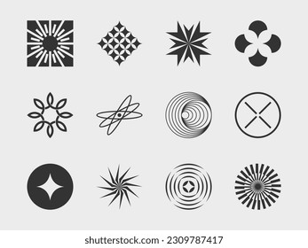 abstract collection 8 graphic geometric symbols and objects in y2k style. Templates for notes, posters, banners, stickers, business cards, logo.