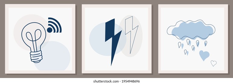 Abstract collection of art wall art templates. Compositions of doodle elements of various natural elements, graphic forms and home use items. Minimalism for young teenagers. Prints for posters. Vector