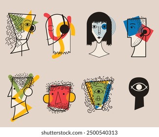 Abstract collection of avatars: male and female faces captured in contrasting dark lines on a light background with bright color accents. Unique isolated images.