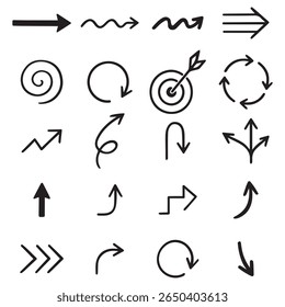 Abstract collection of black arrow back icons. Features include new icons, a curved brush button, and a doodle direction design, all isolated on a white background. EPS vector illustration sign. 