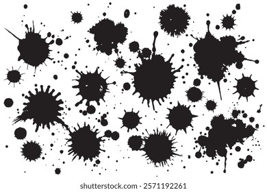 Abstract collection of black ink splatters and drops on a white background, perfect for artistic projects, design textures, or overlays