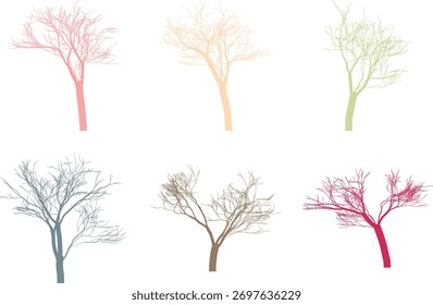 Abstract Collection of Colorful Bare Trees on White Background in a Minimalist Design Style for Creative Projects