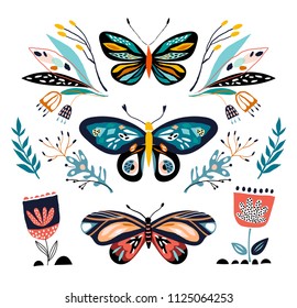 Abstract collection with different butterflies and plants, isolated on white