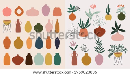 Abstract collection with  different vases and plants, modern design, contemporary, minimalist