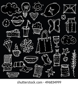 Abstract collection of elements. Food. Fashion. The life style. Line art. Set. Drawing by hand. Doodle. Tattoo.