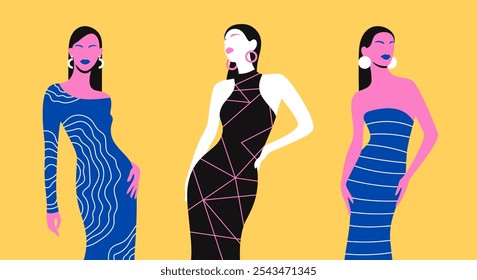 Abstract collection of female figures, clothes, organic forms, women. Diversity. Fashionable style vector art