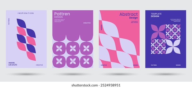 Abstract collection of geometric shapes backgrounds. Brutal contemporary figure circle oval wave patterns. Geometric posters in trendy retro, cover art. Swiss design aesthetic