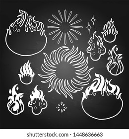 Abstract collection of graphic fire flames. Vector design elements isolated on chalkboard background