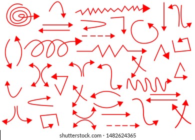 abstract collection of hand-drawn arrows for design elements, with an isolated red color on white background - vector