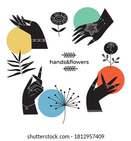 Abstract collection of hands holding and flowers, leaves. Set of contemporary scandinavian print templates. Inked wrists with floral ornament and geometrical shapes on back.