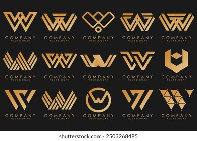 Abstract collection with letters W logo design. creative design logotype W with gold color.