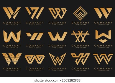 Abstract collection with letters W logo design. creative design logotype W with gold color.