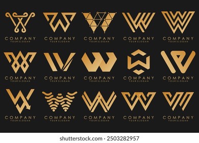 Abstract collection with letters W logo design. creative design logotype W with gold color.