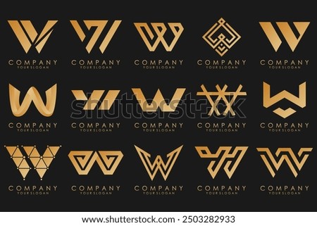 Abstract collection with letters W logo design. creative design logotype W with gold color.