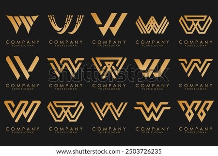 Abstract collection with letters W logo design. creative design logotype W with gold color.