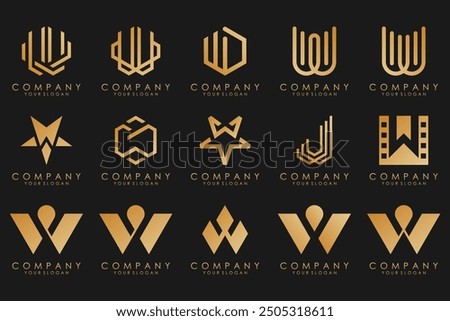 Abstract collection with letters W logo design. creative design logotype W with gold color.