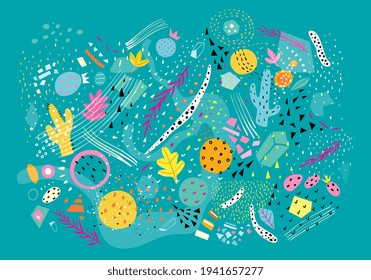 Abstrakte Sammlung moderner Formen und Elemente, die eine lustige und bunte Collage von Gewürzen und Zutaten, einschließlich rosmariner Salzkristalle, machen. Vektordesign.
