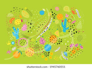 Abstract collection of modern shapes and elements for cooking food design, fun and colorful collage of cooking spicing and ingredients including spring onion and cactus. Vector design.