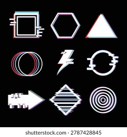Abstract collection of modern vector elements showcasing a retro vaporwave aesthetic, featuring various geometric forms and symbols with an overlaying visual effect