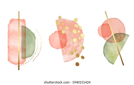 Abstract collection rose shapes fluid, decorative gradient ink. tender coral green geometry set.  gold circles minimal elements, fashion design. Vector shape