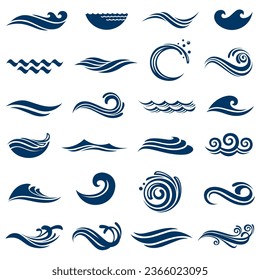 abstract collection of sea waves icons isolated on white background