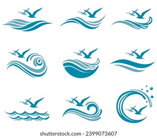 abstract collection of sea waves with seagulls isolated on white background