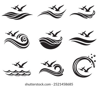 coleção abstrata de ondas do mar com gaivotas isoladas no fundo branco