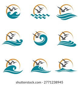 abstract collection of sea waves with seagulls and sun isolated on white background