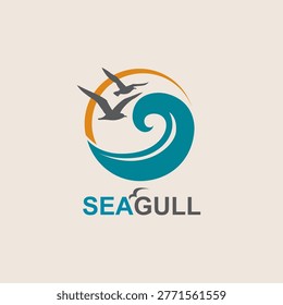 abstract collection of sea waves with seagulls and sun isolated on white background