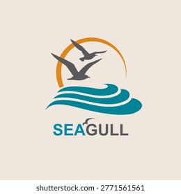 abstract collection of sea waves with seagulls and sun isolated on white background