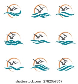 abstract collection of sea waves with seagulls and sun isolated on white background