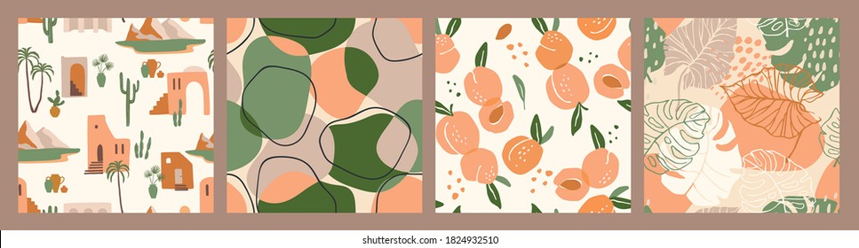 Abstract collection of seamless patterns with apricots, landscape, leaves and geometric shapes. Modern design for paper, cover, fabric, interior decor and other users.