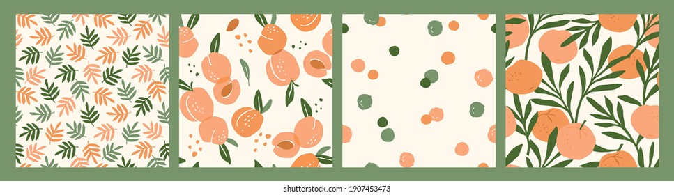 Abstract collection of seamless patterns with apricots and oranges. Modern design for paper, cover, fabric, interior decor and other users.