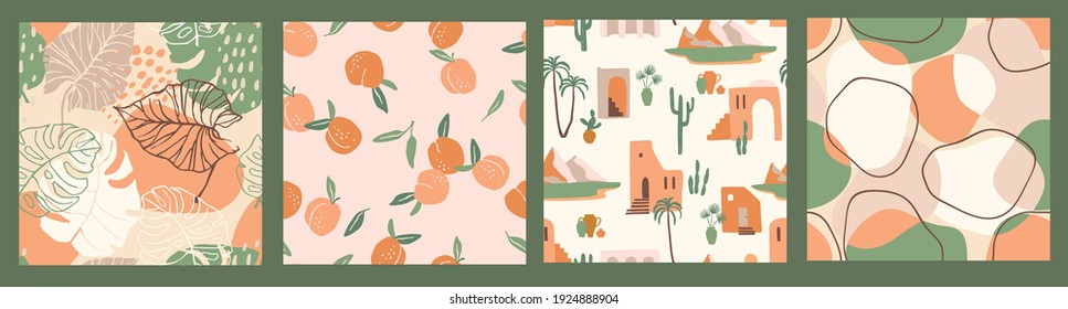 Abstract collection of seamless patterns with apricots, landscape, leaves and geometric shapes. Modern design for paper, cover, fabric, interior decor and other users.