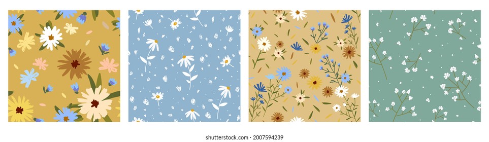 Abstract collection of seamless patterns with chamomile. Trendy hand drawn textures for printing on fabric, paper, cover, interior decor. Design for banner, poster, card, invitation and scrapbook.