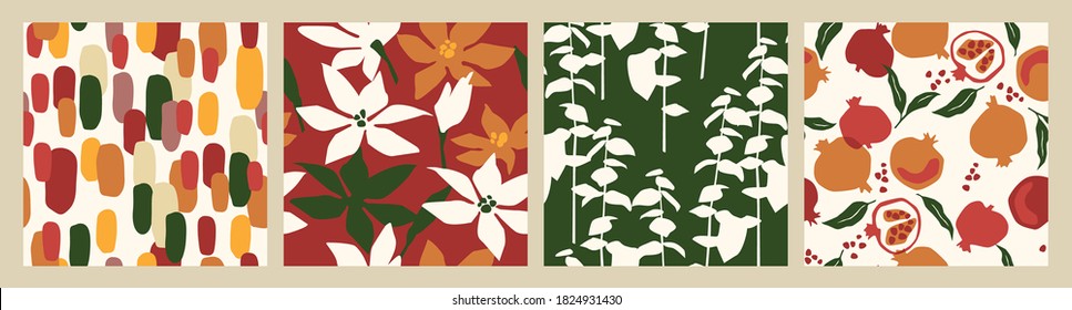 Abstract collection of seamless patterns with flowers, and leaves and pomegranates. Modern design for paper, cover, fabric, interior decor and other users.