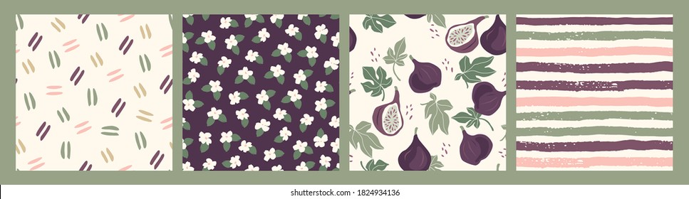 Abstract collection of seamless patterns with flowers, figs, stripes and geometric shapes. Modern design for paper, cover, fabric, interior decor and other users.