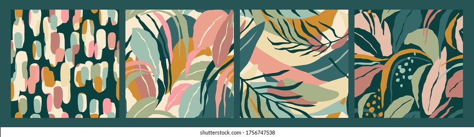 Abstract collection of seamless patterns with leaves and geometric shapes. Modern design for paper, cover, fabric, interior decor and other users.