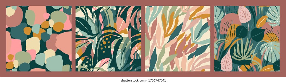 Abstract collection of seamless patterns with leaves and geometric shapes. Modern design for paper, cover, fabric, interior decor and other users.