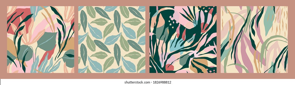 Abstract collection of seamless patterns with leaves. Modern design for paper, cover, fabric, interior decor and other users.