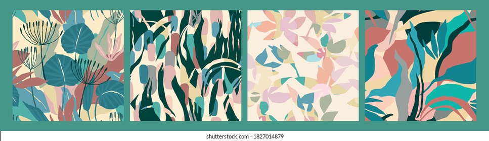 Abstract collection of seamless patterns with leaves. Modern design for paper, cover, fabric, interior decor and other users.