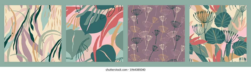 Abstract collection of seamless patterns with leaves and geometric shapes. Modern design for paper, cover, fabric, interior decor and other users.
