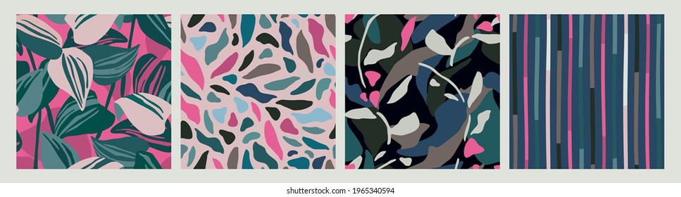 Abstract collection of seamless patterns with leaves and geometric shapes. Modern design for paper, cover, fabric, interior decor and other users.