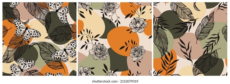 Abstrakte Kollektion nahtloser Muster mit Blättern und Schmetterlingen. Modernes Design für Papier, Deckel, Stoff, Inneneinrichtung und andere Benutzer.