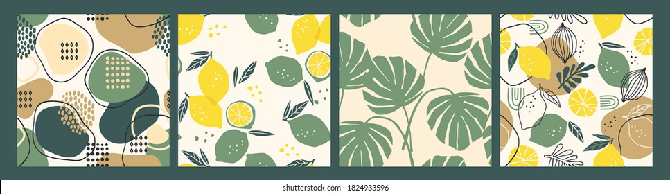 Abstract collection of seamless patterns with lemons, leaves and geometric shapes. Modern design for paper, cover, fabric, interior decor and other users.