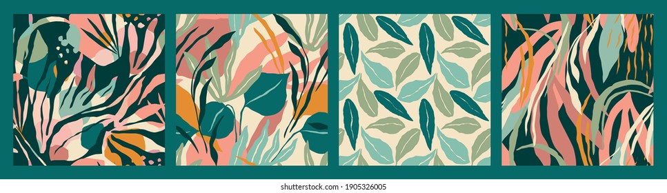 Abstract collection of seamless patterns with tropiclal leaves. Vector design for paper, cover, fabric, interior decor and other users.