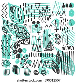Abstract collection of shapes and doodles, overlay black on turqouise